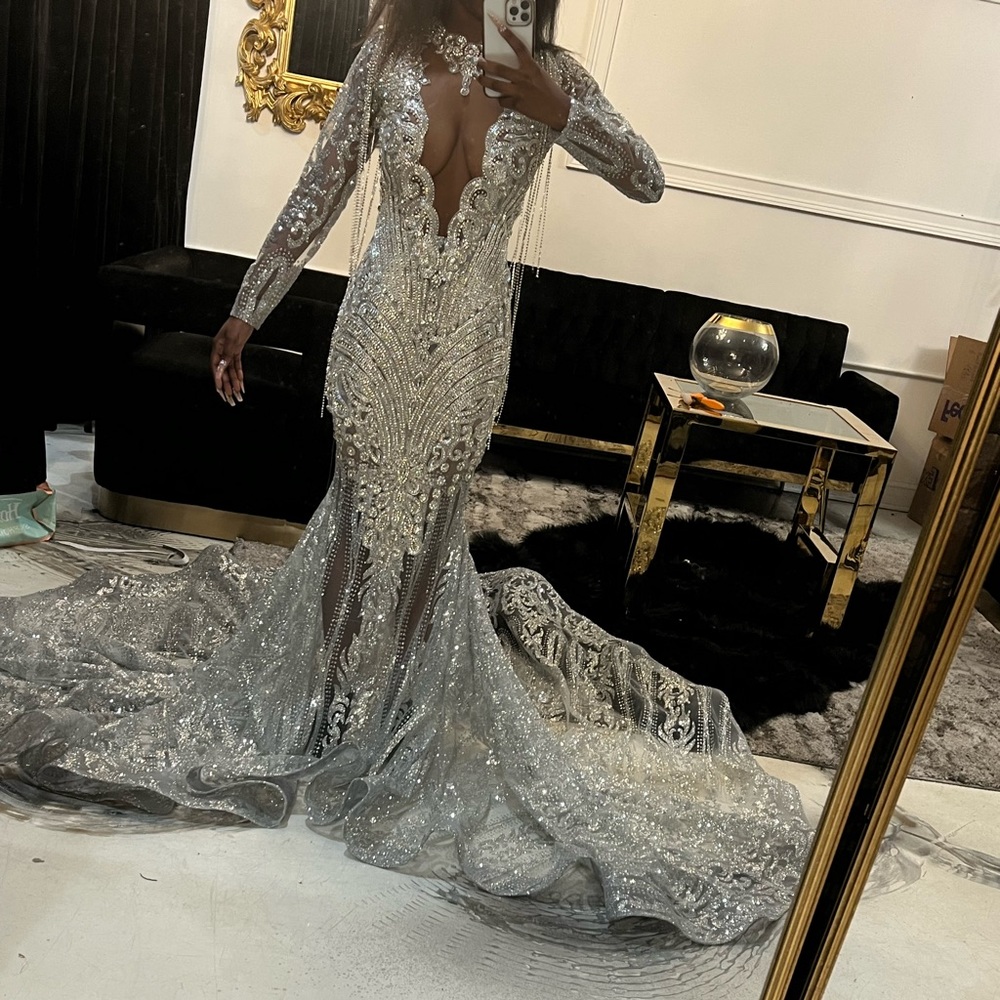 lovely sliver prom dress custom made